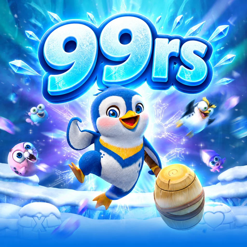 99rs The Great Icescape menampilkan karakter penguin membawa palu di dunia es